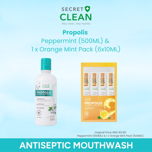 Secret Clean Peppermint Mouthwash (500ml) & Orange Mint Mouthwash (Sachet)