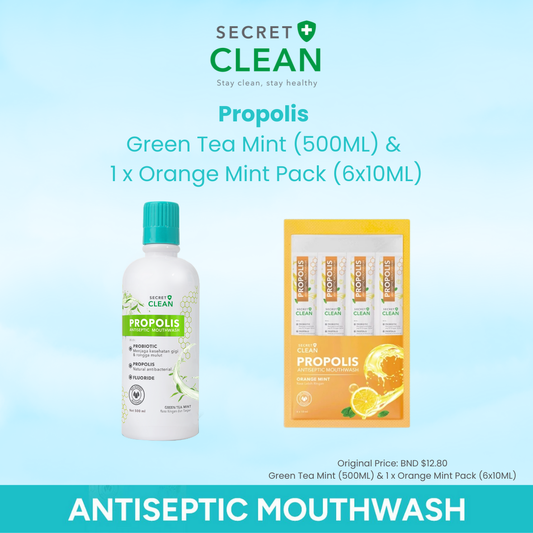 Secret Clean Green Tea Mint Mouthwash (500ml) & Orange Mint Mouthwash (Sachet)