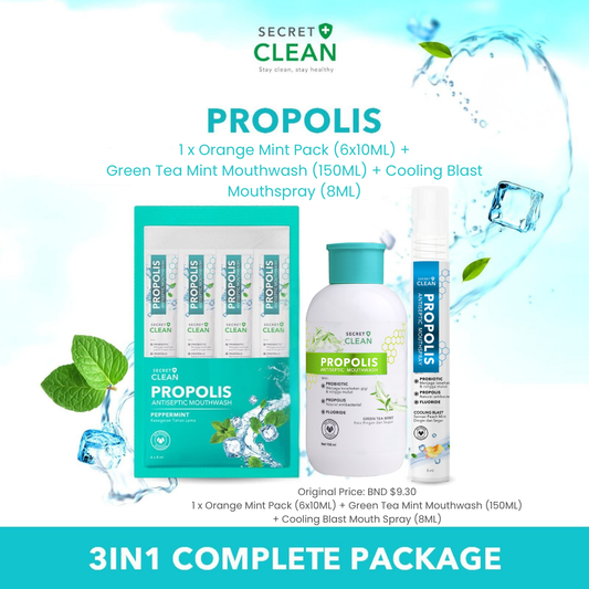 Secret Clean Peppermint Mouthwash (Sachet 6x10ml) + Green Tea Mint Mouthwash (150ml) + Cooling Blast Mouthspray (8ml)