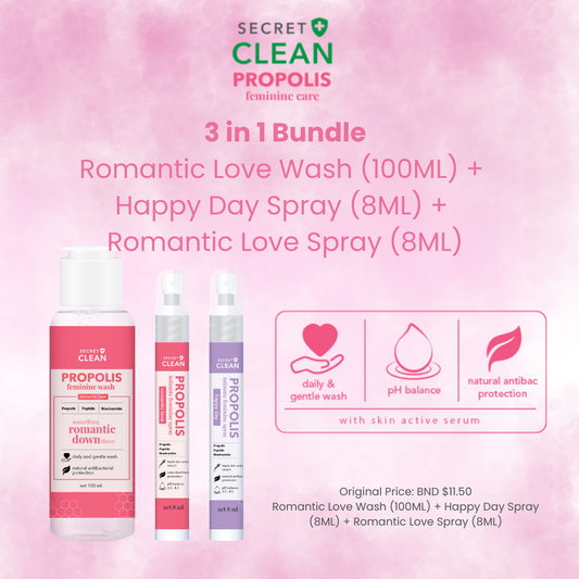 Secret Clean Propolis Feminine Wash Romantic Love (100ml) + Propolis Feminine Spray Happy Day (8ml) + Propolis Feminine Spray Romantic Love (8ml)