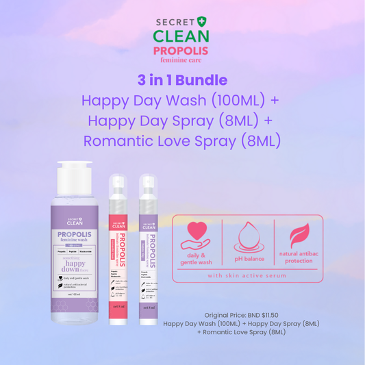 Secret Clean Propolis Feminine Wash Happy Day (100ml) + Propolis Feminine Spray Happy Day (8ml) + Propolis Feminine Spray Romantic Love (8ml)